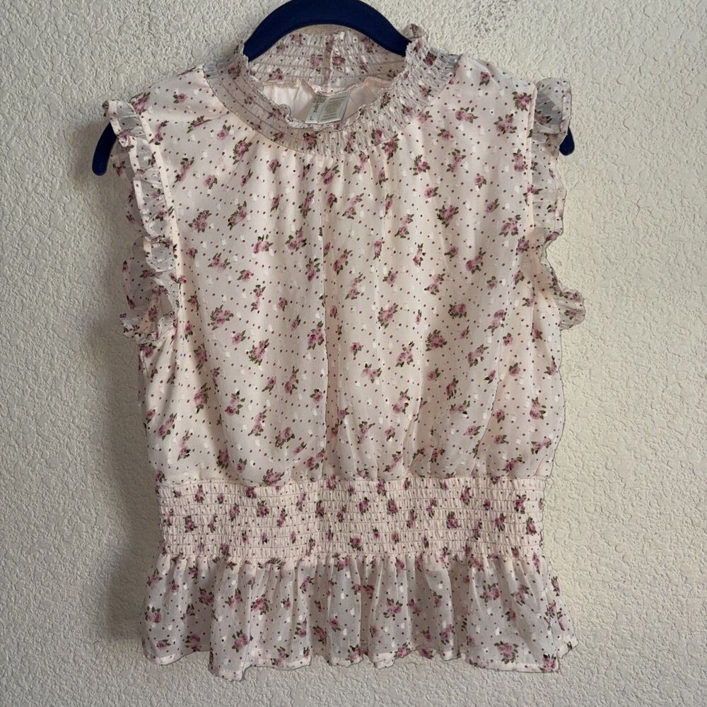 Japna Rose Sheer Crop Tank Cottage Dainty Coquette Pink Floral Ruffle L Romantic